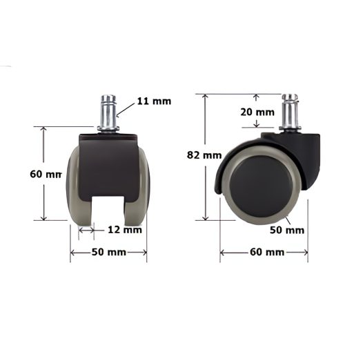 Imagen de una rueda de silla de oficina de silicona gris de Rayoshop Chile. La rueda tiene un diámetro de 50 mm y está hecha de silicona de alta calidad. Es silenciosa y suave, lo que la hace ideal para pisos duros.