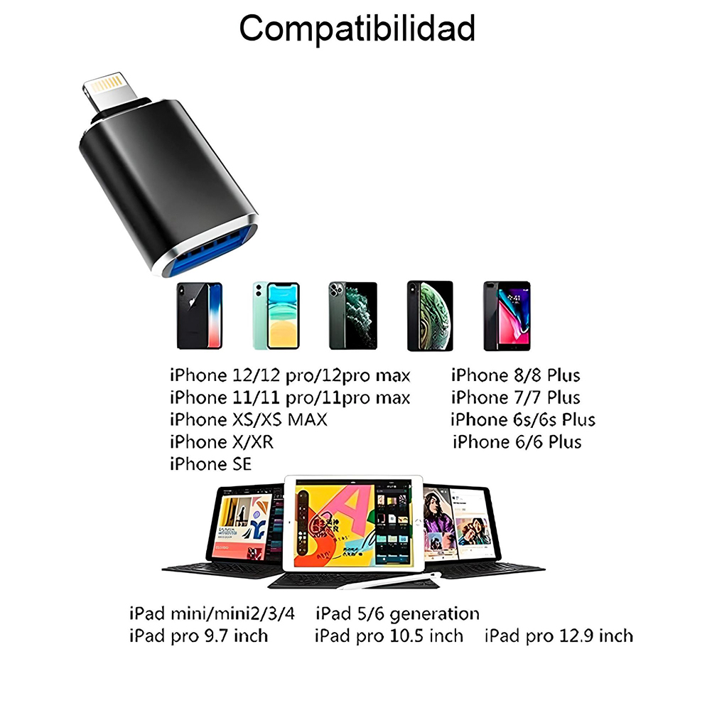 Imagen de un adaptador Lightning a USB 3.0, compatible con todos los dispositivos Apple con puerto Lightning. rayoshop