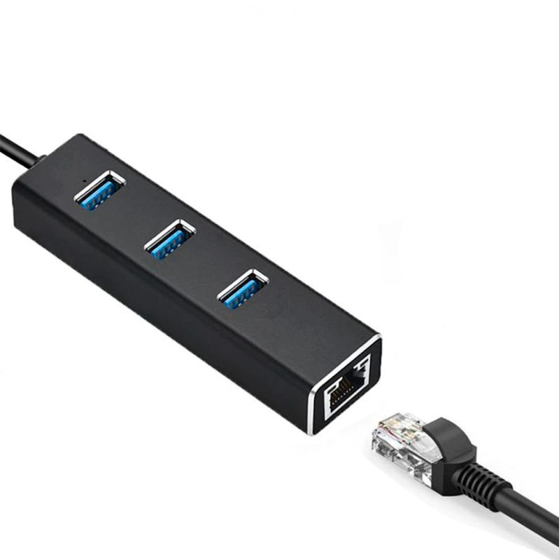 Imagen de un adaptador USB 3.0 Hub a Ethernet RJ45, que está diseñado para ayudar a las personas a conectar su computadora portátil a una red Ethernet. rayoshop
