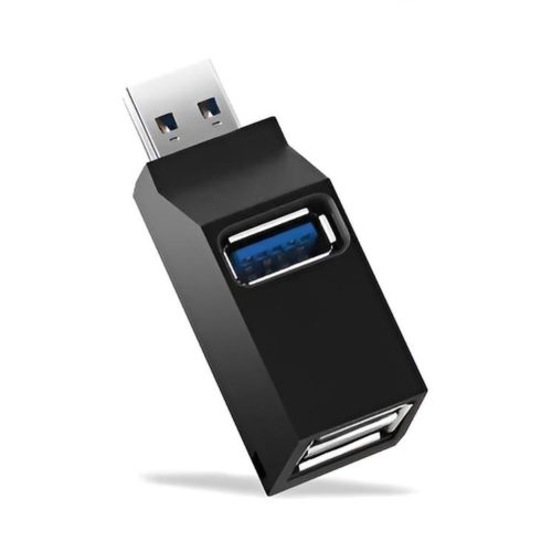 Adaptador hub USB negro y compacto con conector USB 3.0 macho, un puerto USB 3.0 azul y dos puertos USB 2.0 en un cuerpo angulado.