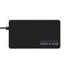 Un concentrador USB 3.0 negro con cable lateral muestra el texto “HIGH POWER SUPPLY SYSTEM USB3.0 HUB” sobre fondo blanco limpio.