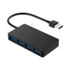 Un hub USB 3.0 negro de cuatro puertos con cable integrado y conector USB tipo A, sobre fondo blanco, para ampliar conexiones de datos.
