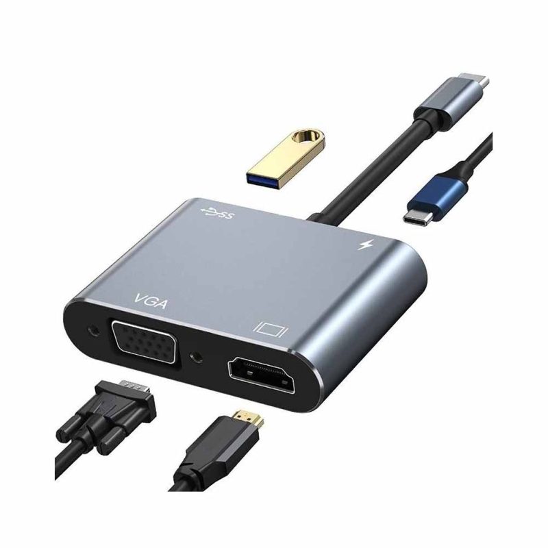 Imagen del hub adaptador USB-C con puertos HDMI, VGA y USB
