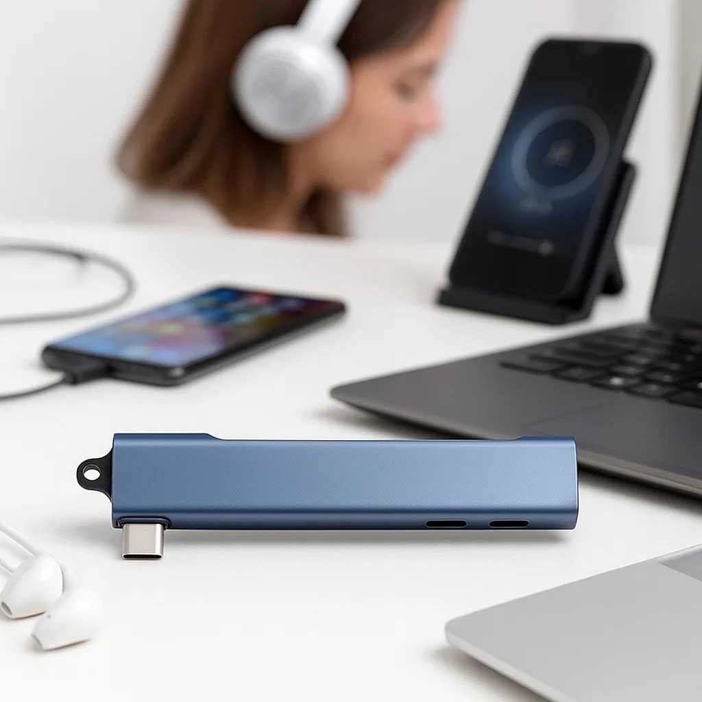 HUB USB Type-C conectado a notebook mostrando puertos USB activos