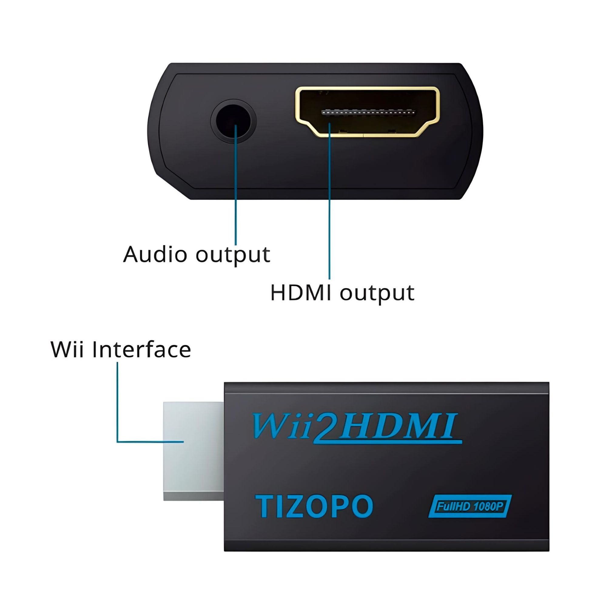 Convertidor compatible con WII a HDMI Full HD 1080P Adaptador Wii 2 3.5mm  (Negro)