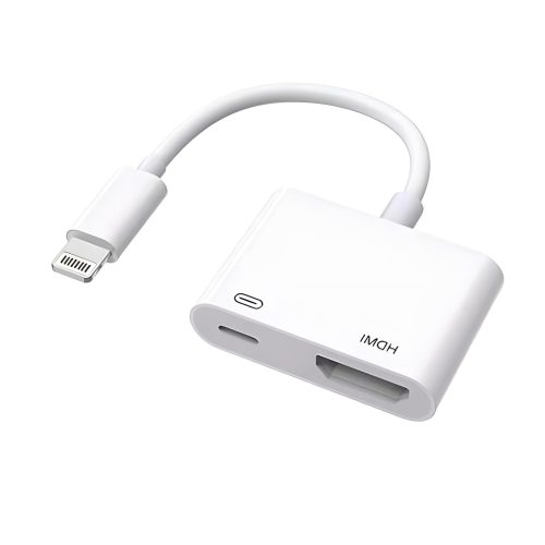 Imagen de un adaptador Lightning a HDMI para iPhone y TV, disponible en color blanco. rayoshop