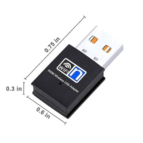 Imagen de un adaptador receptor antena Wifi USB 300Mbps conectado a un ordenador portátil. rayoshop