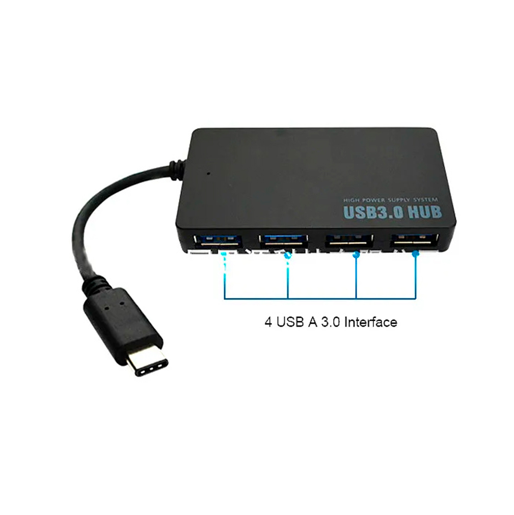 Imagen de un adaptador HUB plástico USB C a 4 puertos USB 3.0, que es compatible con una variedad de dispositivos. rayoshop