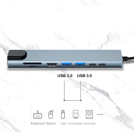 Imagen de un adaptador hub USB-C a 8 puertos. El adaptador está conectado a una computadora portátil y tiene varios dispositivos conectados a él, incluidos una unidad flash, un mouse y un teclado. RayoShop