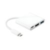Un adaptador multipuerto USB-C blanco con cable corto integra salidas HDMI, USB-A y USB-C para conectar portátiles y tablets con facilidad.