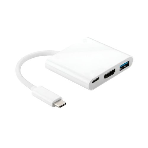 Un adaptador multipuerto USB-C blanco con cable corto integra salidas HDMI, USB-A y USB-C para conectar portátiles y tablets con facilidad.