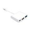 Un adaptador USB-C blanco con cable corto muestra puertos HDMI, USB-A y USB-C en un cuerpo compacto sobre fondo blanco para conexión multipuerto.
