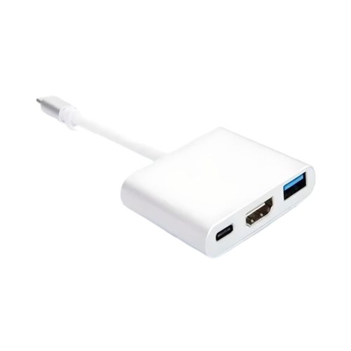 Un adaptador USB-C blanco con cable corto muestra puertos HDMI, USB-A y USB-C en un cuerpo compacto sobre fondo blanco para conexión multipuerto.