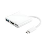 Un adaptador USB-C blanco de diseño compacto muestra puertos USB-A, HDMI y USB-C junto a un conector USB-C de salida sobre fondo blanco.