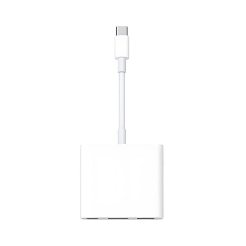 Un adaptador USB-C blanco con cable corto y cuerpo compacto para conectar equipos con HDMI, USB y carga USB-C en una sola pieza funcional.