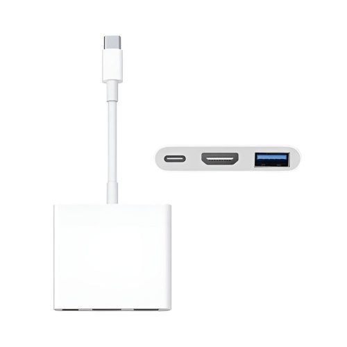 Un adaptador hub 3 en 1 blanco con cable USB-C, puerto HDMI, USB-A y USB-C de carga, mostrado sobre fondo blanco limpio.