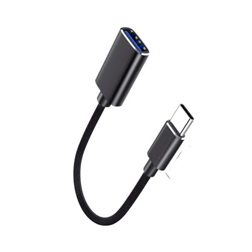 Adaptador USB-C a USB 3.1 OTG negro de 15 cm, con conectores USB-C y USB estándar para carga y transferencia de datos.