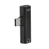 Adaptador USB-C a Auxiliar Jack 3.5 mm y USB-C para Audio y Carga de Rayoshop, negro y compacto, con entrada USB-C y salida jack 3.5 mm estéreo.