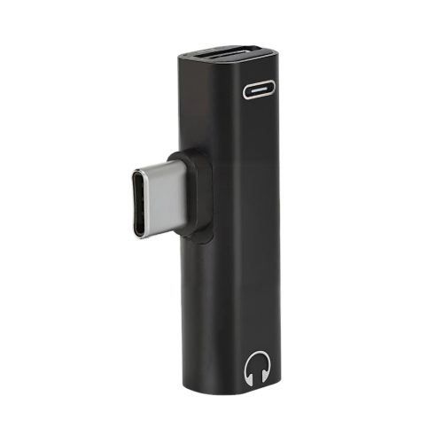 Adaptador USB-C a Auxiliar Jack 3.5 mm y USB-C para Audio y Carga de Rayoshop, negro y compacto, con entrada USB-C y salida jack 3.5 mm estéreo.