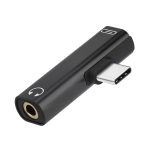 Adaptador Rayoshop USB-C a jack 3,5 mm y USB-C en color negro, compacto, con cuerpo de plástico y metal para audio y carga.