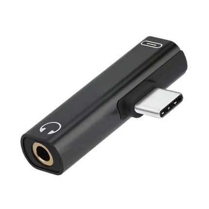 Adaptador Rayoshop USB-C a jack 3,5 mm y USB-C en color negro, compacto, con cuerpo de plástico y metal para audio y carga.