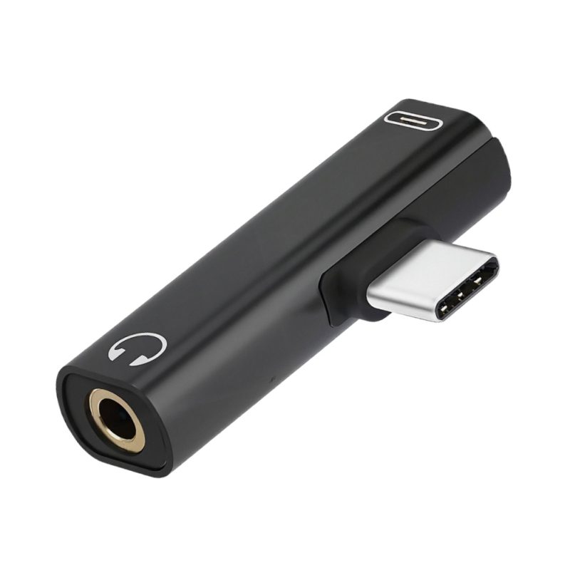 Adaptador Rayoshop USB-C a jack 3,5 mm y USB-C en color negro, compacto, con cuerpo de plástico y metal para audio y carga.