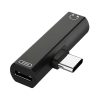 Adaptador Rayoshop EON de audio USB-C a jack 3,5 mm y USB-C, en color negro, con cuerpo compacto de plástico ABS y puerto hembra.