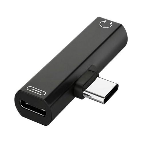 Adaptador Rayoshop EON de audio USB-C a jack 3,5 mm y USB-C, en color negro, con cuerpo compacto de plástico ABS y puerto hembra.