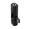 Adaptador Rayoshop USB-C a jack 3,5 mm y USB-C para audio y carga, de plástico y metal, en color negro y formato compacto.