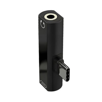 Adaptador Rayoshop USB-C a jack 3,5 mm y USB-C para audio y carga, de plástico y metal, en color negro y formato compacto.