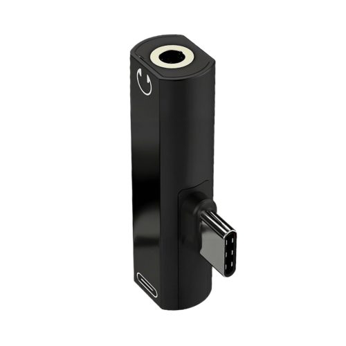 Adaptador Rayoshop USB-C a jack 3,5 mm y USB-C para audio y carga, de plástico y metal, en color negro y formato compacto.