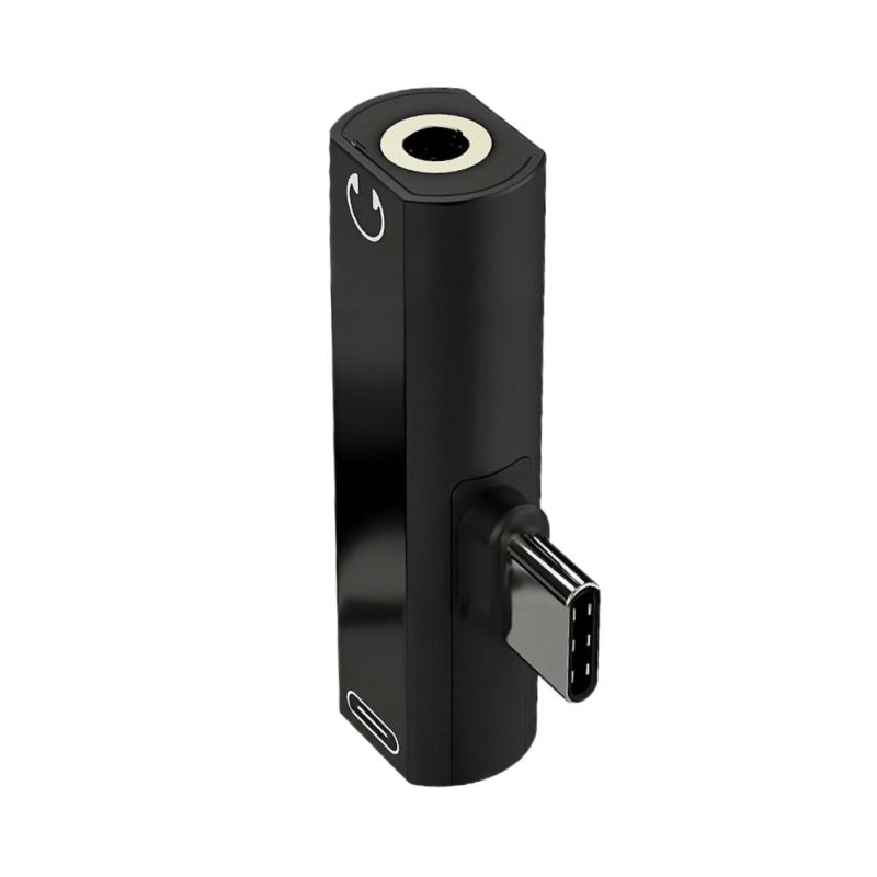Adaptador Rayoshop USB-C a jack 3,5 mm y USB-C para audio y carga, de plástico y metal, en color negro y formato compacto.