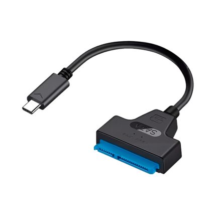 Adaptador EON USB-C a SATA III negro con cable corto, conector USB-C macho y puerto SATA de 22 pines para HDD y SSD de 2,5 pulgadas.