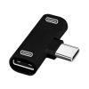 Adaptador splitter USB-C EON negro de aluminio con dos puertos hembra para carga, data y audio, pensado para convertir un puerto en dos conexiones.