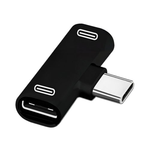 Adaptador splitter USB-C EON negro de aluminio con dos puertos hembra para carga, data y audio, pensado para convertir un puerto en dos conexiones.