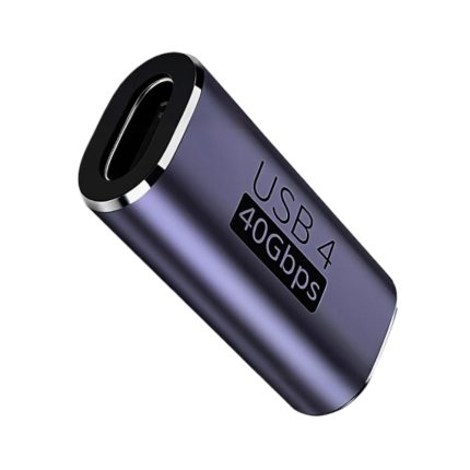 Adaptador EON USB-C hembra a hembra gris de metal con soporte USB 4 y transferencia de hasta 40 Gbps para conexiones de datos.