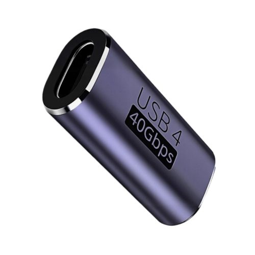 Adaptador EON USB-C hembra a hembra gris de metal con soporte USB 4 y transferencia de hasta 40 Gbps para conexiones de datos.