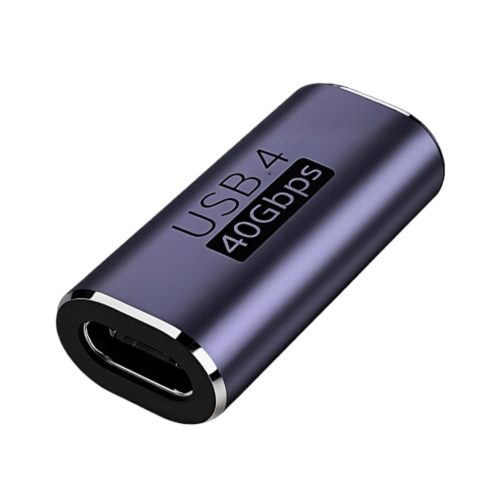 Adaptador EON USB-C hembra a hembra en color gris metálico con soporte USB 4.0 de 40 Gbps y carcasa resistente.