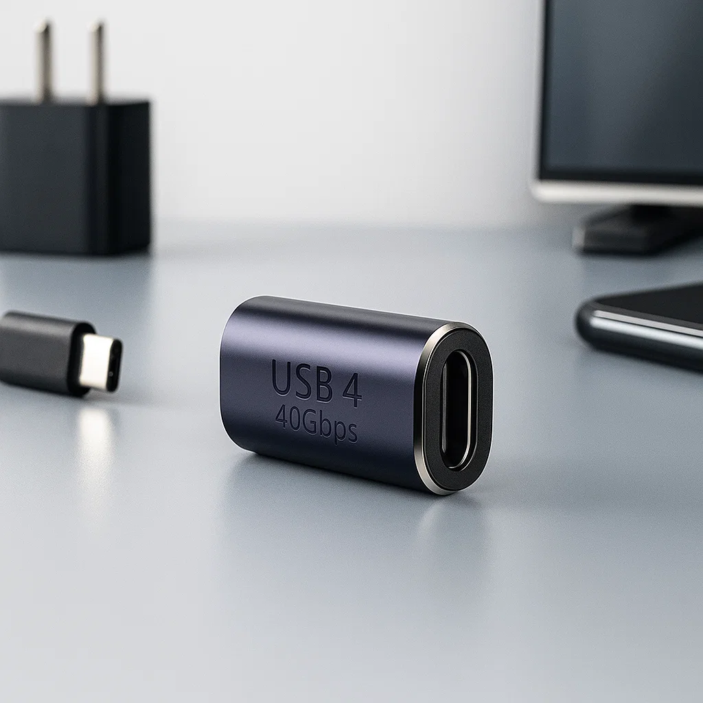 Adaptador EON USB-C hembra a hembra en color gris con carcasa metálica, marcado USB 4 40Gbps, para conexión y transmisión de datos.