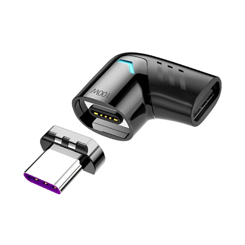 Adaptador USB C magnético EON de color gris oscuro, con conector hembra y macho USB-C para carga rápida PD de 100 W.