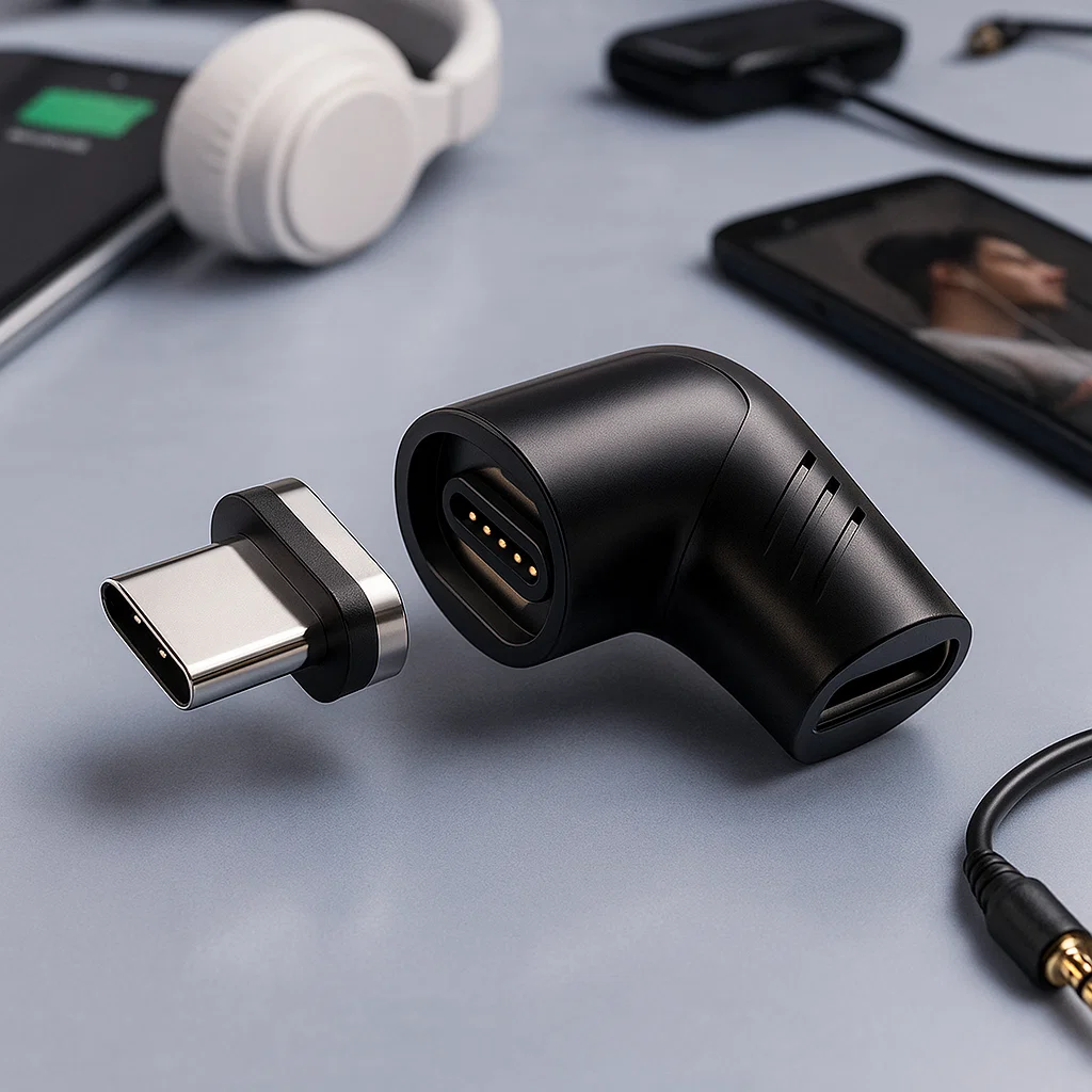 Adaptador USB C magnético EON en gris oscuro con conectores USB-C macho y hembra, compatible con carga rápida USB PD de 100 W.