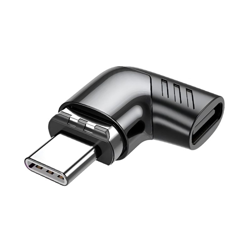 Adaptador magnético USB-C EON en gris oscuro, con conector USB-C macho y ángulo recto, compatible con carga rápida PD de 100 W y 20 Gbps.