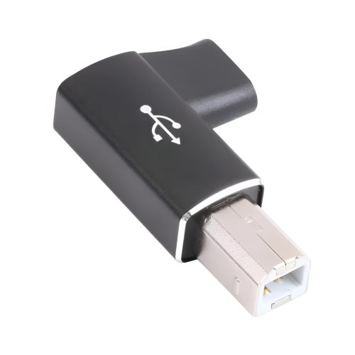 Adaptador USB-C a USB-B para impresoras en color negro, con conexión USB-C hembra, USB-B macho y cuerpo de aleación de aluminio plug and play.
