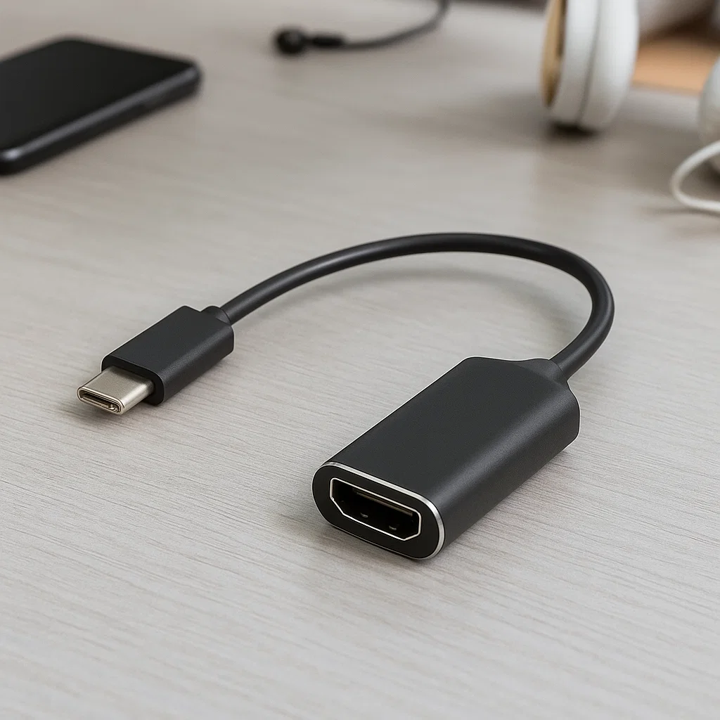 Adaptador USB-C a HDMI negro de Rayoshop Chile con conector USB-C 3.1, salida HDMI y carcasa niquelada de 250 mm para audio y video 4K.