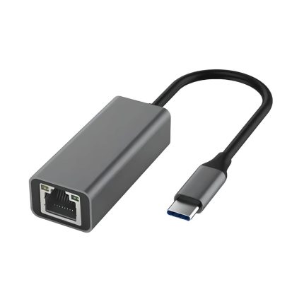 Adaptador EON USB-C a RJ45 Ethernet de aluminio gris oscuro con cable corto, conexión gigabit de 1000 Mbps y puerto hembra LAN para red estable.