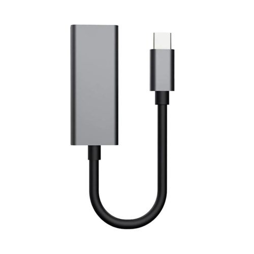 Adaptador USB-C a RJ45 Ethernet 1000 Mbps Gigabit EON de aluminio gris oscuro, con conexión macho USB-C y hembra RJ45 para red estable.