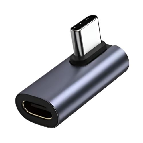 Adaptador copla USB-C a USB-C tipo L de 90° grados, con cuerpo de aleación de aluminio y PVC, conexión hembra y macho para carga y data.