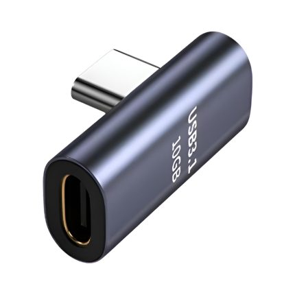 Adaptador USB-C a USB-C Tipo L de 90 grados con conexión hembra y macho, aleación de aluminio y PVC, soporte OTG y USB 4 para carga y datos.