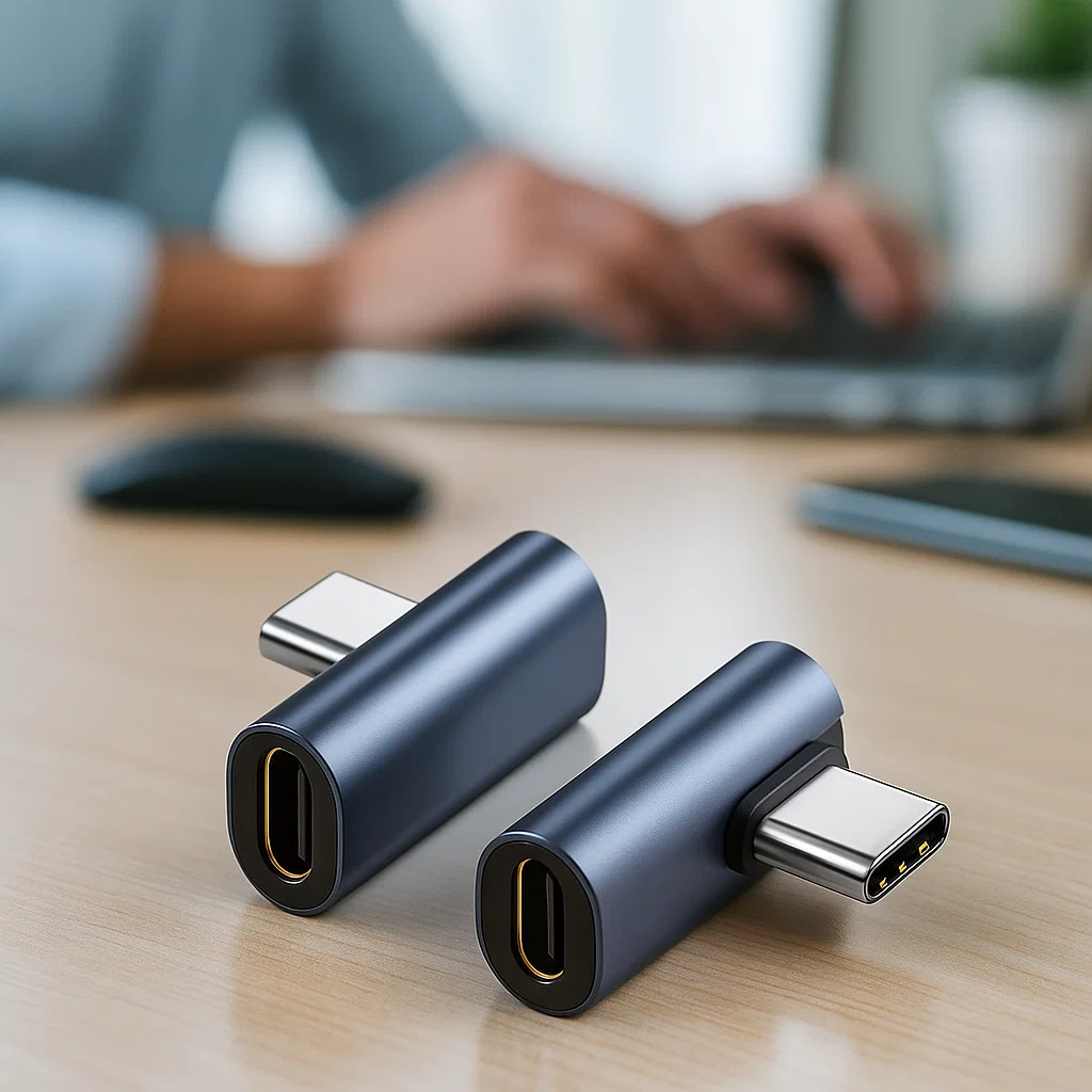 Adaptador EON USB-C a USB-C tipo L 90° en color gris, con cuerpo de aleación de aluminio y conector OTG Plug and Play para carga y datos.