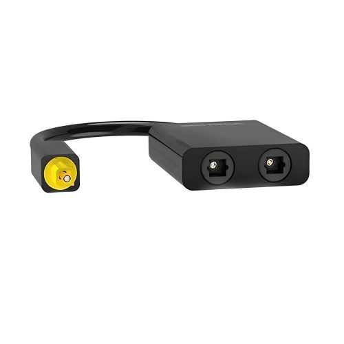 Adaptador Divisor de Audio Óptico Toslink negro de Rayoshop Chile, con conector macho y dos salidas hembra para audio digital.